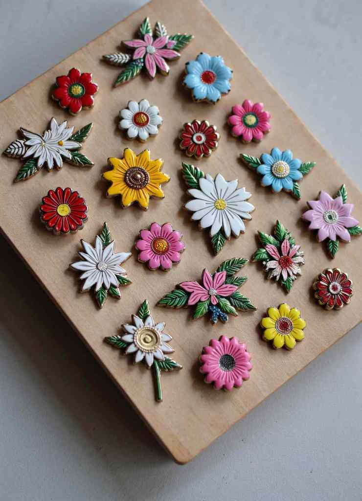 An organized display of colorful enamel floral pins featuring daisies, sunflowers, and other botanical-inspired designs. The rich color palette and intricate leaf details make these pins an ideal choice for collectors and fashion enthusiasts.