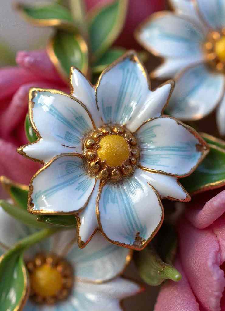 A close-up shot of a white and blue hand-painted enamel flower with a gold-outlined design.

The realistic brush strokes and golden bead details make this pin look like a miniature piece of fine art.