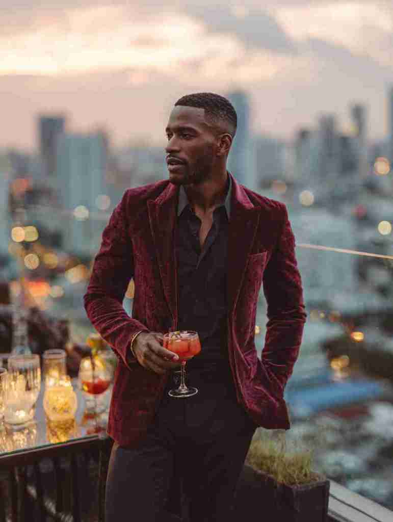 A man in a stylish burgundy blazer stands on a rooftop at sunset, holding a cocktail, with a city skyline in the background.