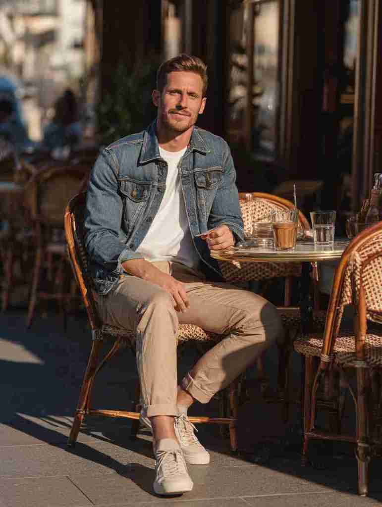 A man sitting at an outdoor café wearing a denim jacket, white t-shirt, and beige pants, enjoying the atmosphere.