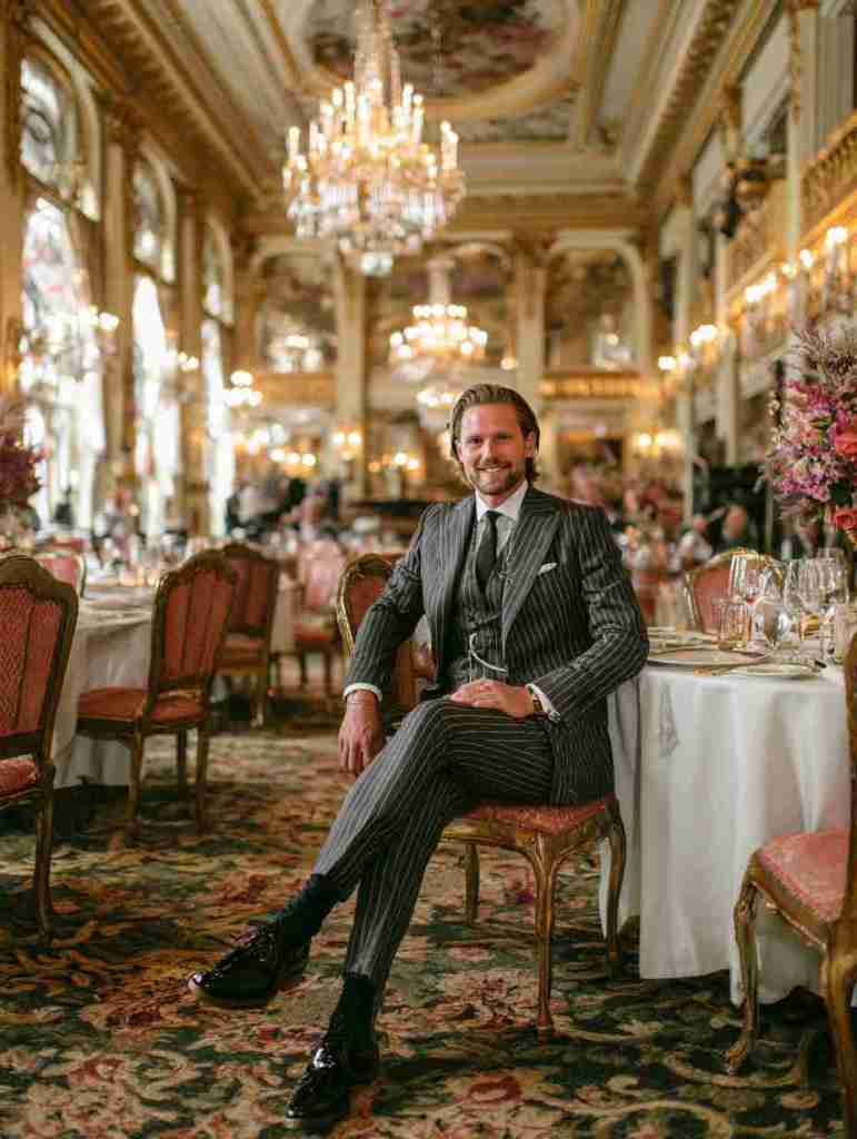 A man in a stylish striped suit sitting confidently in an elegant restaurant, surrounded by ornate decor and fine dining arrangements.