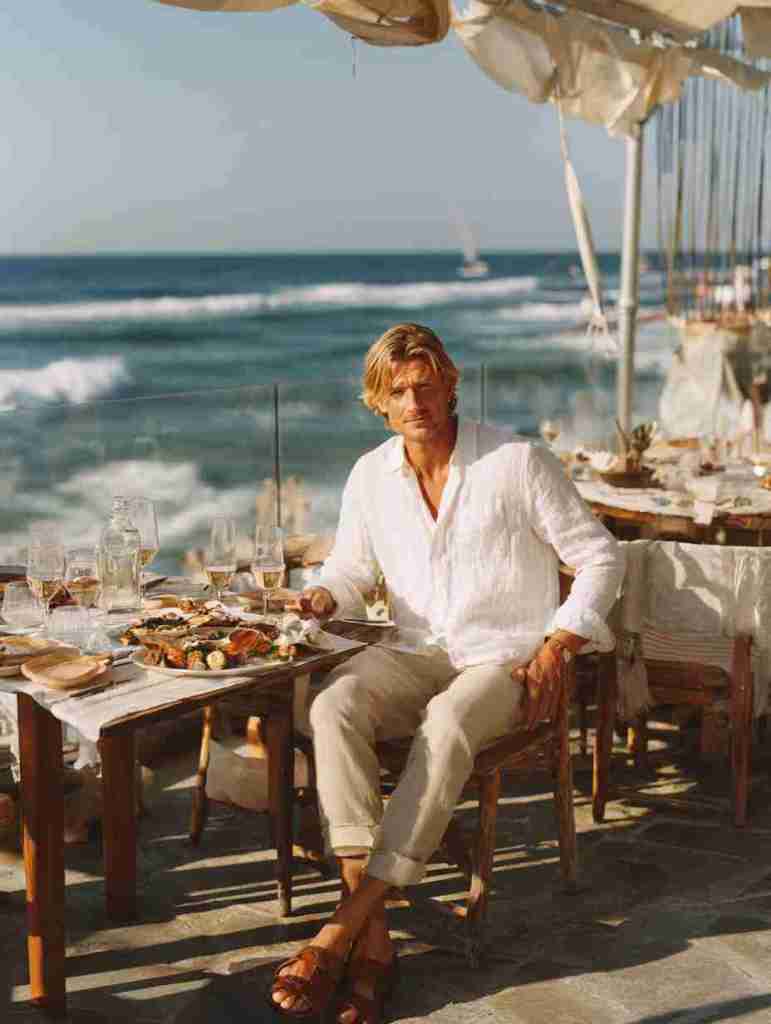 A man seated at a beachside restaurant, enjoying a beautifully arranged meal with ocean views, dressed casually in a white linen shirt and light trousers.