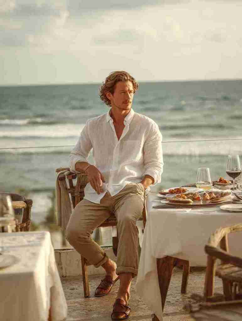 A man sitting at a seaside restaurant table, wearing a white shirt and beige pants, with an elegant dining setup featuring food and drinks.