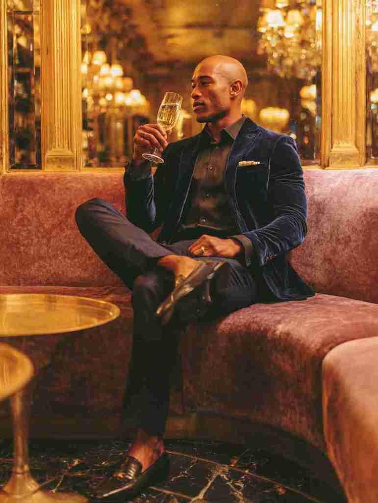 A well-dressed man sitting on a plush sofa in an elegant restaurant, holding a glass of champagne, with a stylish ambiance in the background.