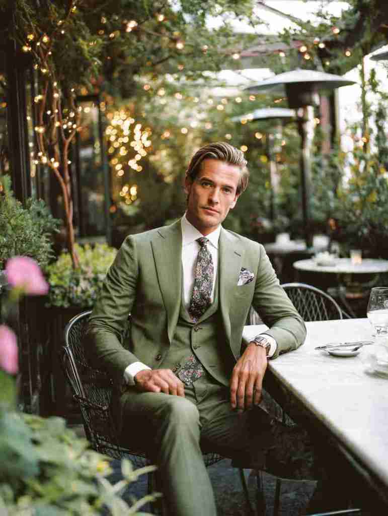A man seated at a beautifully set table in a restaurant garden, wearing a stylish green suit and floral tie, surrounded by greenery and outdoor lighting.