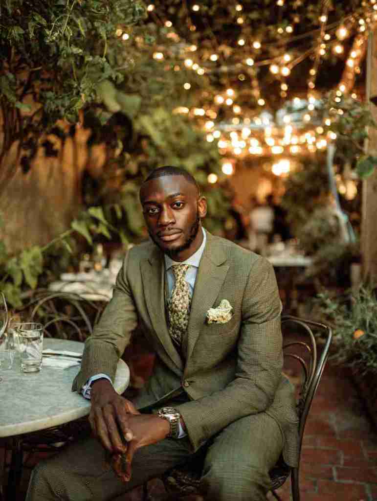 A well-dressed man in a suit sits at a table in a beautifully lit outdoor restaurant with greenery and string lights in the background.