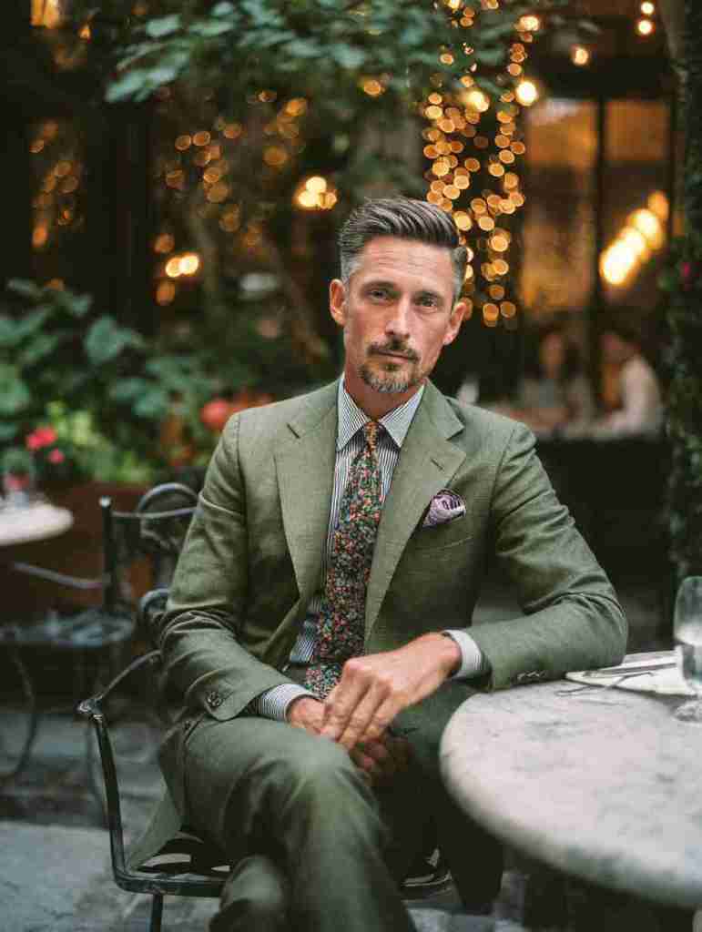 A stylishly dressed man sitting at a table in a restaurant, surrounded by greenery and soft lights, exuding confidence in a tailored outfit.