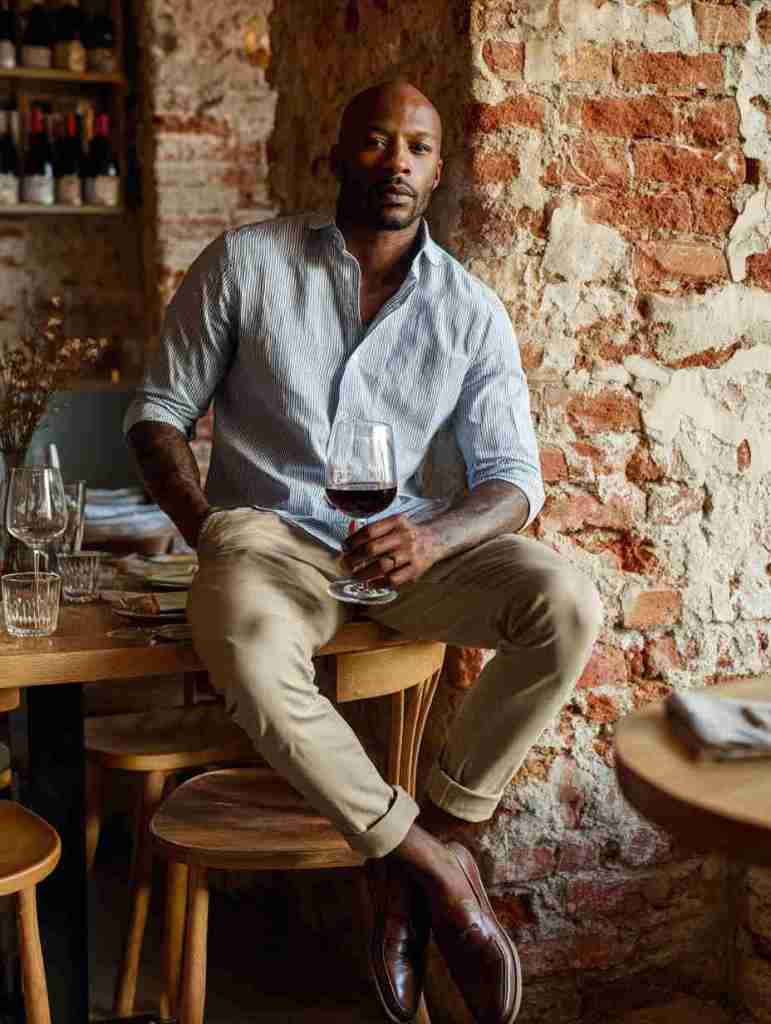 A man sitting at a restaurant table, holding a glass of wine, dressed in a casual striped shirt and beige pants, with a rustic brick wall in the background.