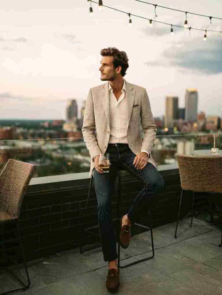 A man dressed in a light blazer and casual attire stands at a rooftop bar holding a drink, overlooking a city skyline during sunset.