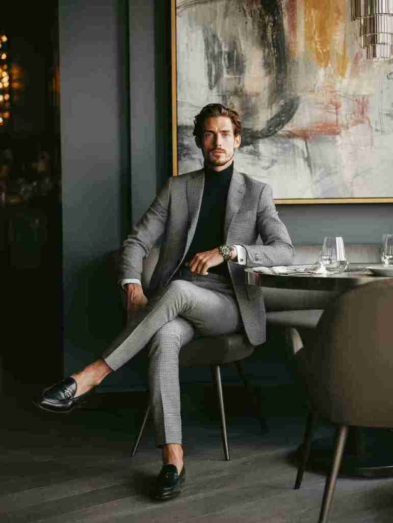 A well-dressed man sitting in a stylish restaurant, wearing a tailored gray suit and a black turtleneck, with a sophisticated ambiance in the background.
