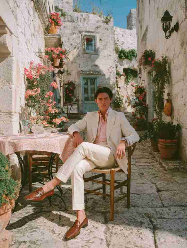 A man dressed in a light suit and pink shirt sits comfortably at a table in a charming outdoor setting, surrounded by flowers and stone walls.