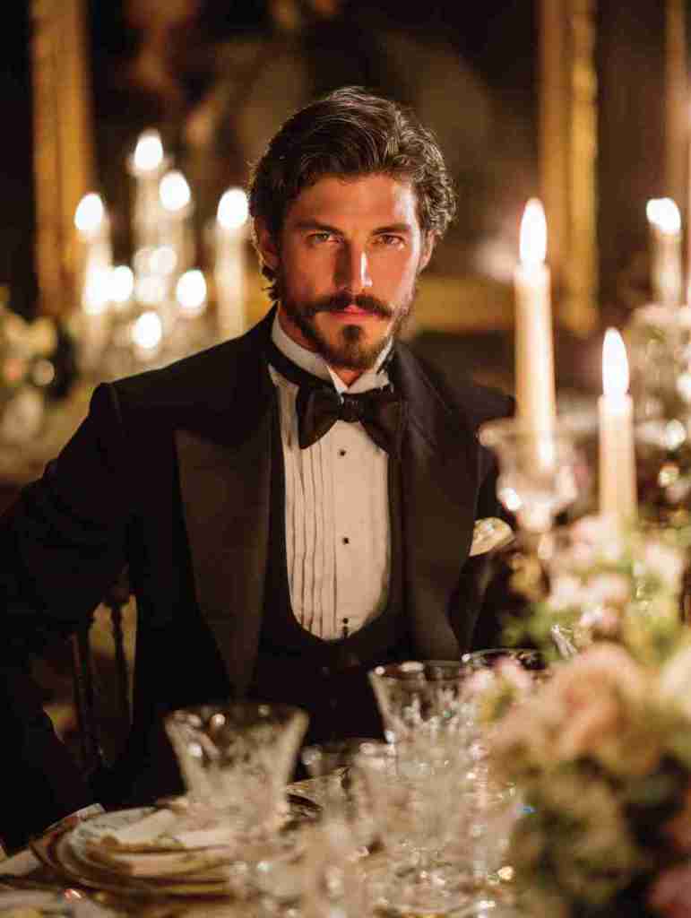 A well-dressed man in a tuxedo sits at an elegantly set dining table, surrounded by candles and floral arrangements, exuding sophistication and confidence.