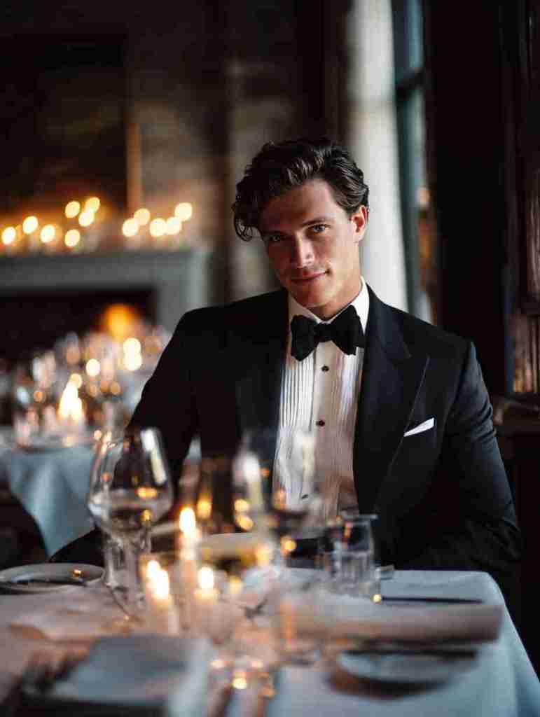 A stylishly dressed man in a tuxedo smiles at the camera while seated at an elegantly set table in a dimly lit restaurant, surrounded by candlelight.