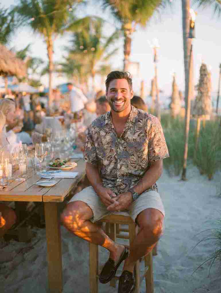 A man sitting on a stool at a beachside restaurant, smiling and wearing a floral shirt with shorts, surrounded by palm trees and a lively dining atmosphere during sunset.