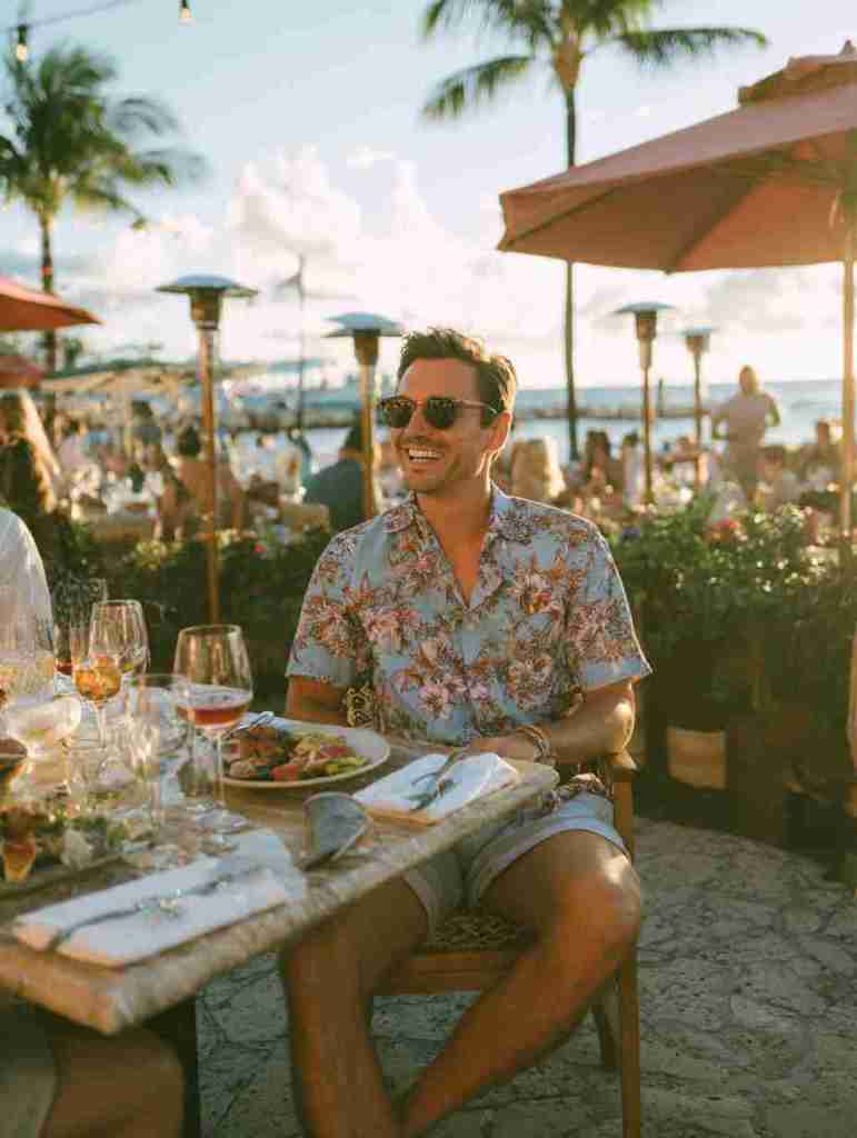 A man wearing a floral shirt and sunglasses enjoys a meal at a sunny outdoor restaurant, surrounded by greenery and dining companions.
